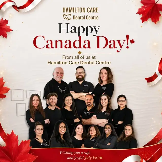 happy canada day graphic from hamilton care dental centre featuring team photo and red maple leaf accentds